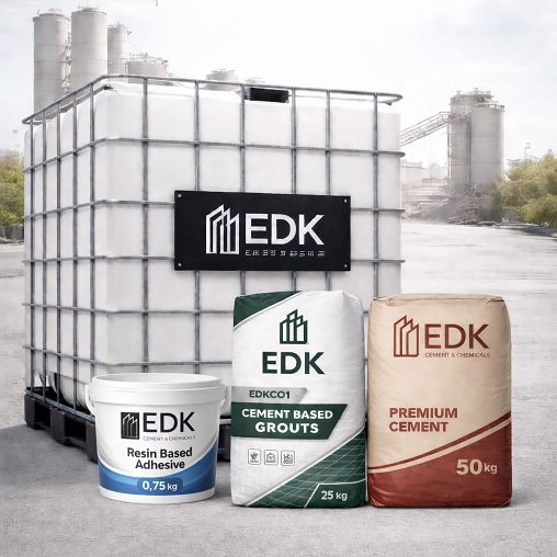 EDK Building Materials product range — cement, additives, tile adhesives, synthetic fibers